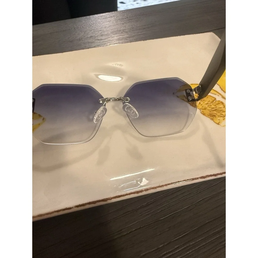 Luxury Rimless Beveled OG Plastic Luxe Blue Arm Metal Sunglasses